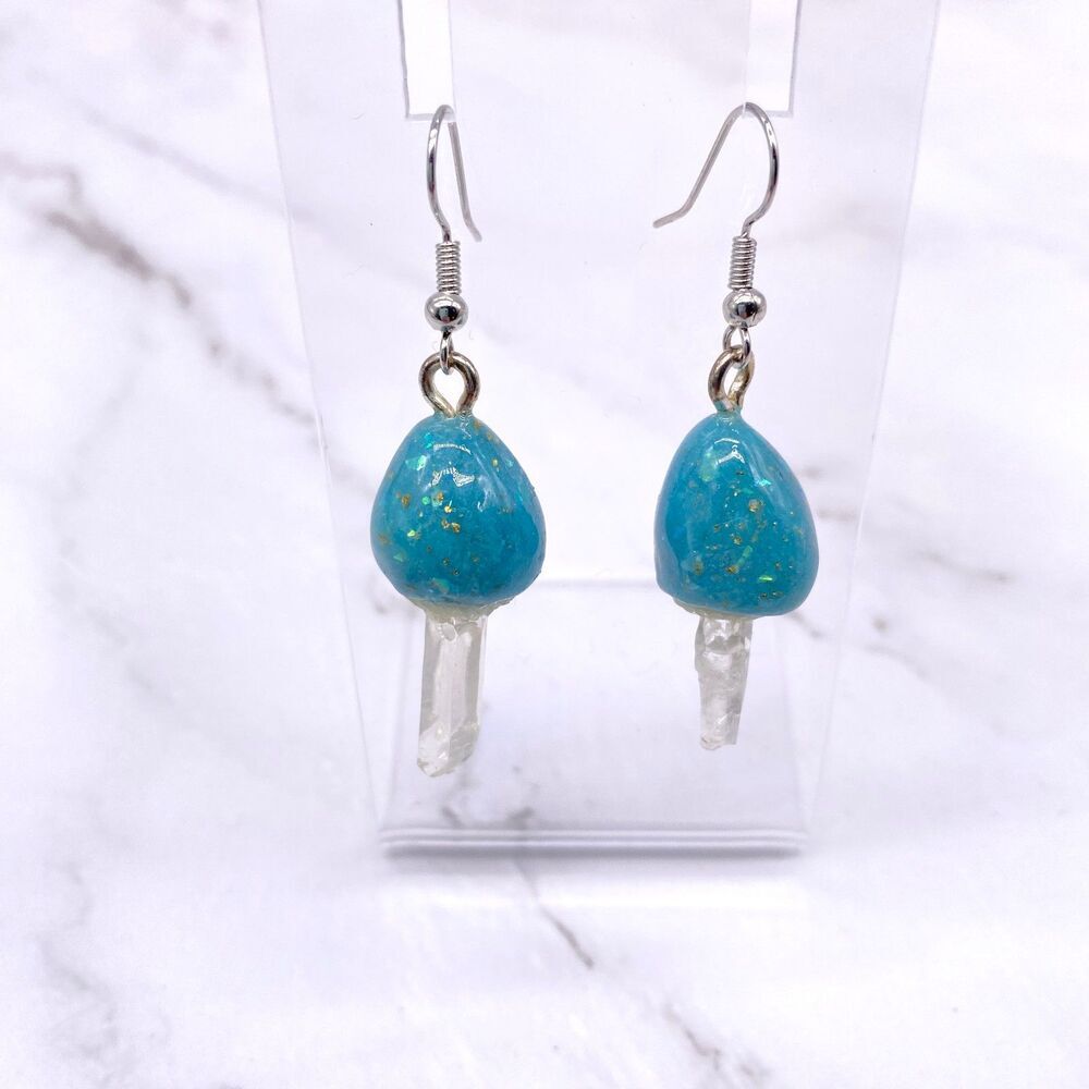 Blue Mushroom Quartz Crystal Dangle wire hook polymer Clay Earrings